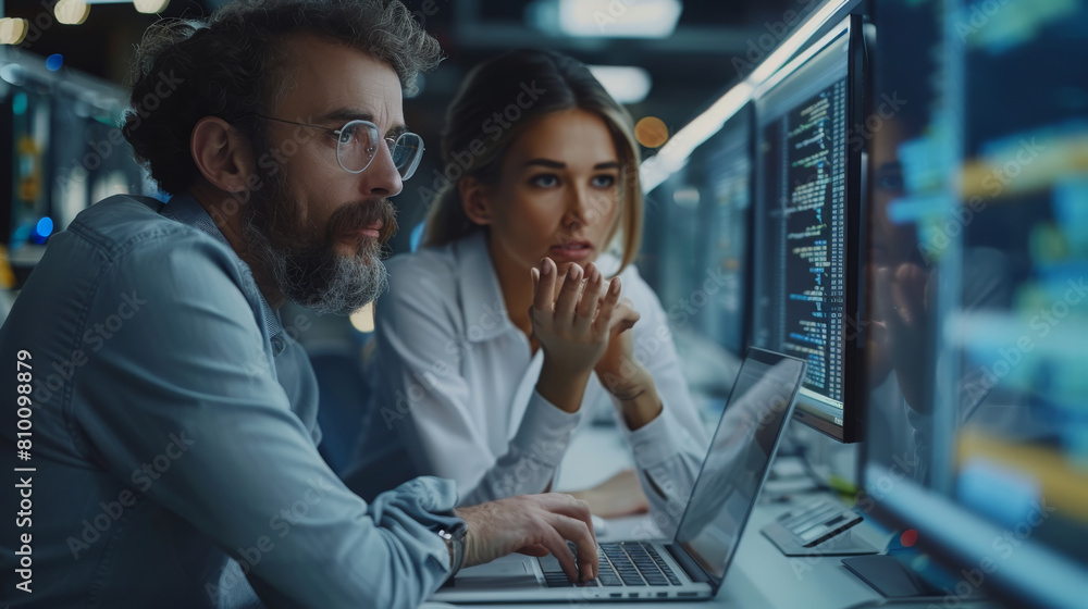 Poster Developers discussing lines of code on big screens surrounding them while using laptops. A female and a male programmer team up to create software. Generative AI.