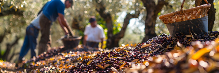 Ripe olives being harvested by hand in a traditional grove, with workers gently collecting the fruits in wicker baskets