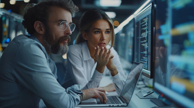 Developers discussing lines of code on big screens surrounding them while using laptops. A female and a male programmer team up to create software. Generative AI.