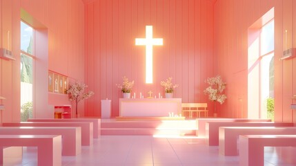   A pink church interior with a cross on the wall and flowers in vases adorning the pews