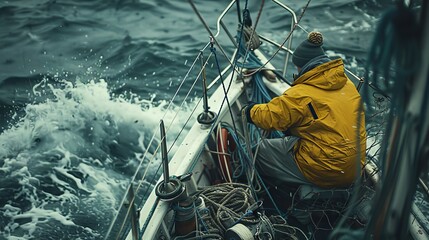 Man on fishing vessel with nets, maritime lifestyle and fishing industry concept