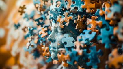 An artistic portrayal of a human face covered with interlocking jigsaw puzzle pieces in blue and orange hues, symbolizing complex thinking and creativity. - Powered by Adobe