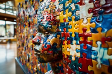 A colorful jigsaw puzzle sculpture of a head representing concepts of creativity, mental health,...
