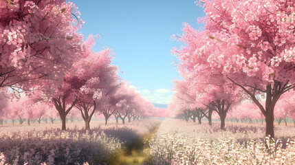 Rows of cherry trees in full bloom, soft pink blossoms creating a vibrant canopy under a clear blue sky