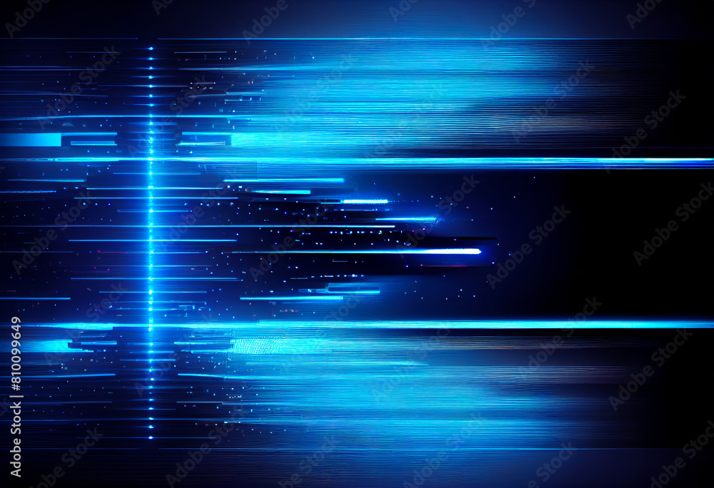 Poster Glowing speed horizontal blue lines on a dark background. Straight fast laser shiny beams motion light. Techno business website element, for web page, banner, touchscreen, desktop, text header