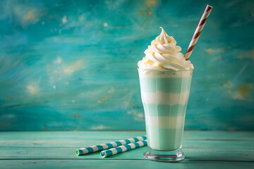 Milkshake with Blue and White Striped Straws on Soft Green Background