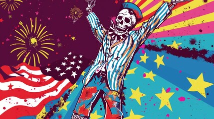 pop art Robot skeleton court jester wearing an American flag suit performs standup comedy as fireworks explode in the sky AI generated
