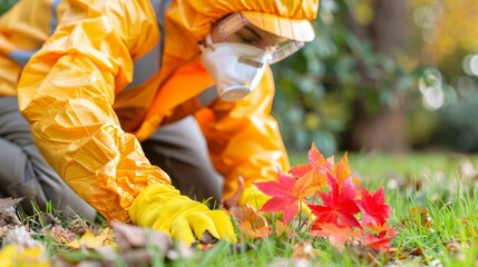   A person in a protective suit and yellow gloves bends to pick up a red leaf from the grass - Powered by Adobe