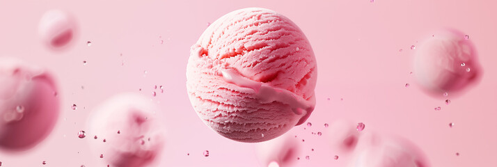 Levitating ice cream scoops with pink sprinkle on pink background banner. Panoramic web header. Wide screen wallpaper