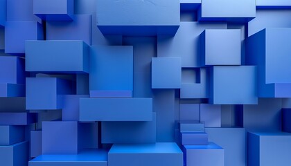 A digital art piece featuring a complex arrangement of blue cubic shapes creating a structured grid with an architectural essence