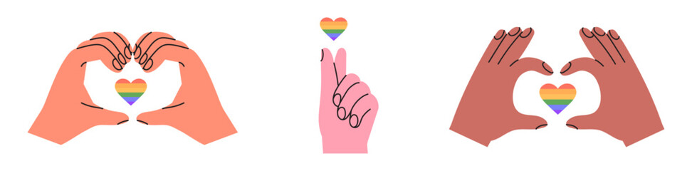 Lgbtq rights, pride month or social issues event or festival celebration banner, poster, placard, social media advertisement, invitation, greeting card with hands holding rainbow heart. Pride week.