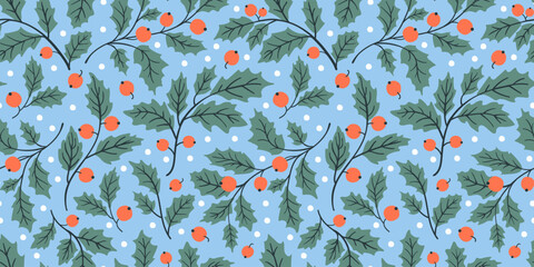 Holly seamless pattern for Christmas wrapping paper, wallpaper and decoration. Ilex background © Elena