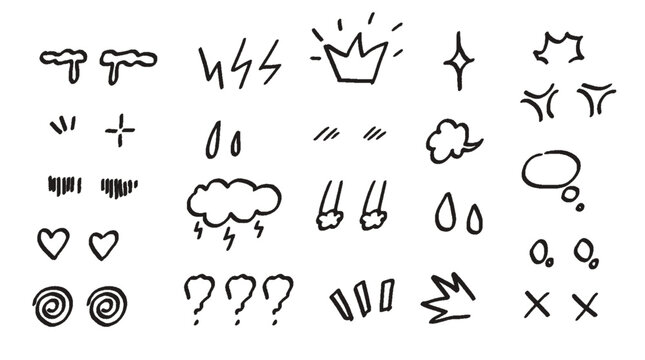 Comic cartoon face expressions in doodle line art style. Anime manga eyes and sound effects with different emotions. Hand drawn ink vector illustration of love, anger, sadness,puzzled character.