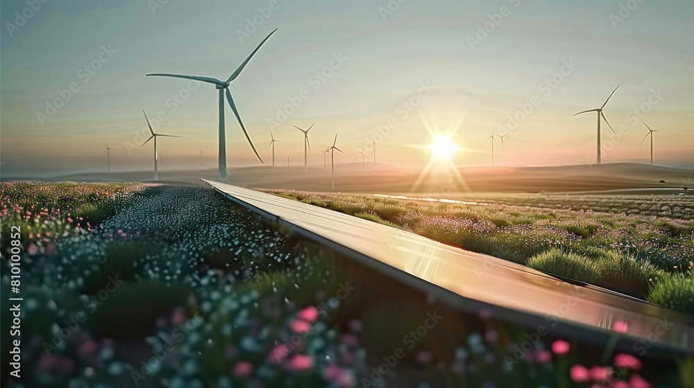 Poster solar and wind energy synergy, a solar panel field in the foreground with wind turbines in the dista