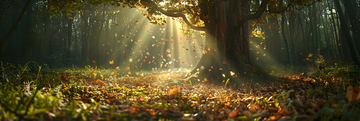 Sunbeams breaking through a dense canopy in a deciduous forest, illuminating a carpet of fallen leaves and small wildflowers, captured in ultra HD - Powered by Adobe