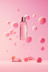 Levitating perfume bottle surrounded by pink bubble on pink background