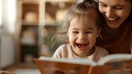 Preschool girl giggles happily while her mother reads a storybook to her. Concept Parenting, Children's Books, Family Time, Joyful Moments, Playful Interactions