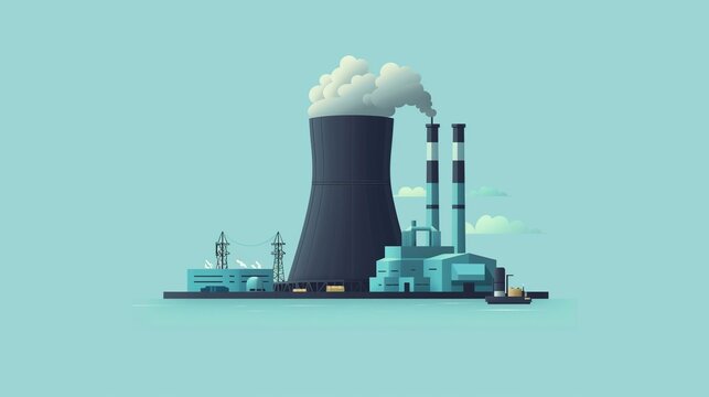 Flat solid color illustration of a charcoal black nuclear reactor on a light blue background generating energy.