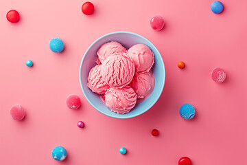 Bowl of pink ice cream surrounded by colorful candy on pink background