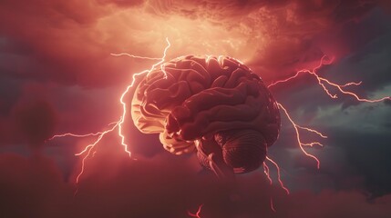3D rendering of human brain with lightning storm background