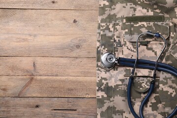Stethoscope and military uniform on wooden background, top view. Space for text