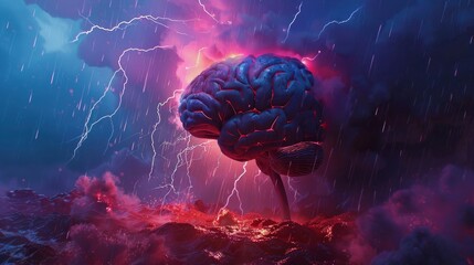 3D rendering of human brain with lightning storm background