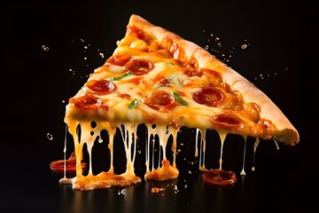Slice of delicious fresh pizza isolated on black background

