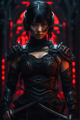 Naklejka premium portrait of a woman in a black costume. ninja costume