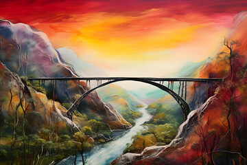 mystical valley spanning bridge, abstract landscape painting, nature beauty, expressive art, generative ai