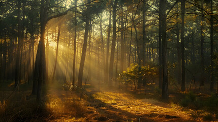 Sunlight piercing through the dense canopy of the Pine Barrens, creating a play of light and shadow on the forest floor