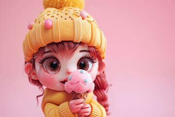 Cute girl with big eyes eating pink ice cream cone