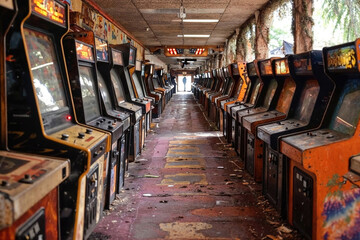 Fototapeta premium A long row of old video game consoles are lined up in a room
