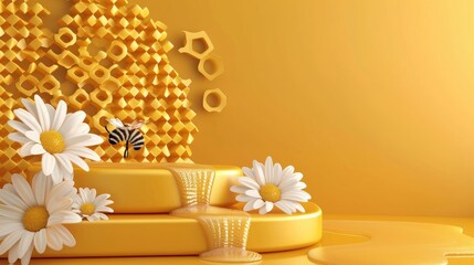 realistic honey comb podium tube with honey drip and white flower yellow background wall AI generated