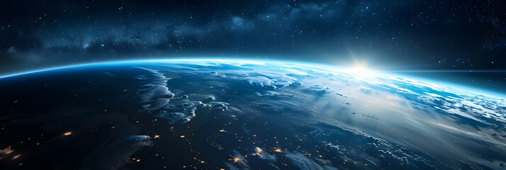 Obraz premium The gradient of Earth's atmosphere transitioning into the blackness of space, as seen from the exosphere with visible layers of atmospheric scattering