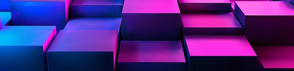 An abstract image of a tessellated pattern of geometric 3D purple and blue cubes creating a futuristic background