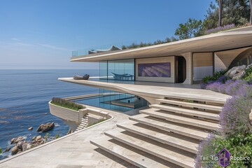 Modernist Seashore Home with Lavender Art Gallery and Airborne Stairs over Mirror-Like Ocean