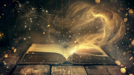 Magical open book with glowing lights, great for education and fantasy themes.