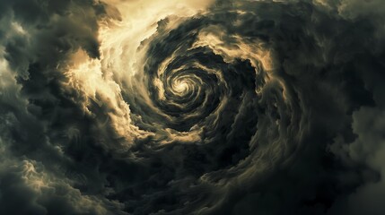 Swirling vortex of clouds gathering momentum in the tumultuous sky, casting ominous shadows on the landscape below.