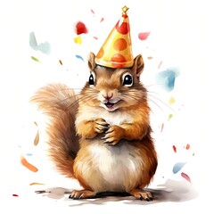 Fototapeta premium Chipmunk with party hat. Chipmunk. Birthday hat clipart. Watercolor illustration. Generative AI. Detailed illustration.