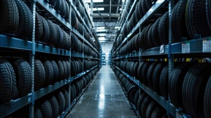 Inside the warehouse, rows of new tires stacked on shelves in various sizes.