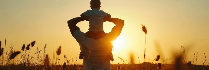 father with son on his shoulders at sunset during the golden hour