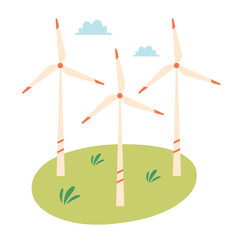 Wind turbine on green field. Green energy concept. Ecological station, wind power. Vector illustration in flat style