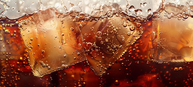 Cola with ice. Close-up of ice cubes in cola water. Texture of a carbonated drink with bubbles in the glass. Cola soda and ice splash fizzy or float on the surface. Cold drink background. 