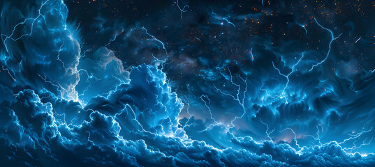 The rare sight of a stratospheric storm, with lightning illuminating thin, wispy clouds against a starry night sky