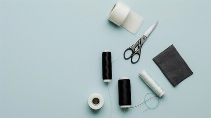 Sewing Tools and Materials on Blue Background, Tailoring Essentials, Sewing Equipment and Supplies, Crafting Tools for Sewing, Tailor's Workspace, Sewing Accessories, Sewing Kit Essentials