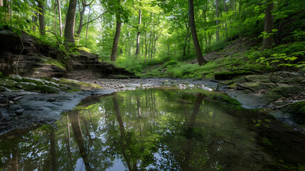 The serene beauty of a hidden aquifer in a secluded forest, with reflections of ancient trees mirrored in the still water