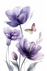 A serene image capturing the beauty of three purple tulips with a delicate butterfly in flight, against a soft background