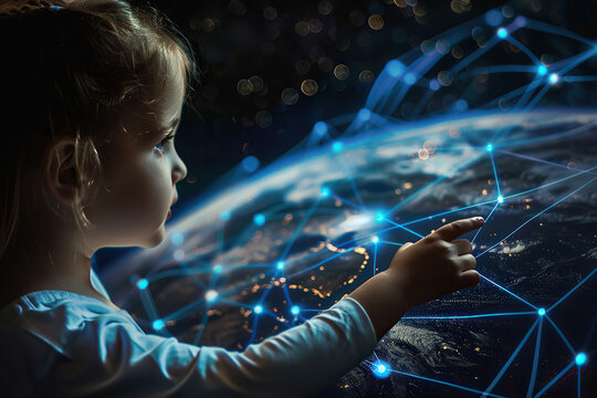 Little Girl Touching Artificial Intelligence Network, Human Computer Connection