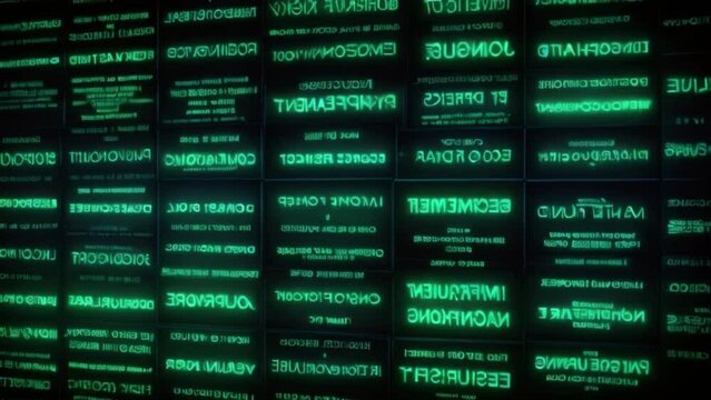 Abstract green matrix writings on a black screen, binary code on a green background, lists of names moving on a digital display generative AI