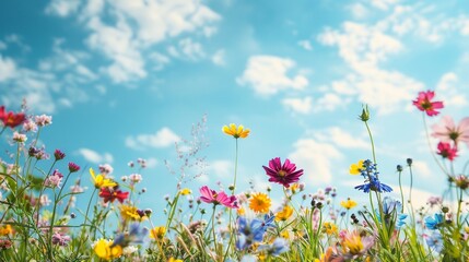 A beautiful, sun-drenched spring summer meadow. Various colorful flowers. Natural colorful...